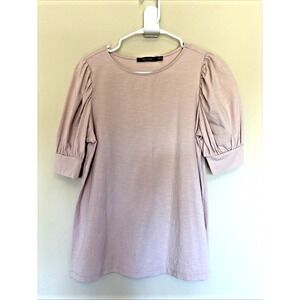 Doe & Rae Light Pastel Pink Solid Puff Sleeve + Band Detail Top Shirt Medium